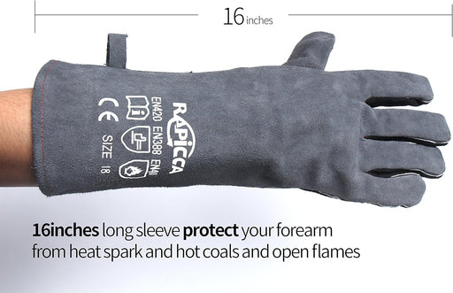 Fireplace Gloves Fire Heat Resistant: Grey 16IN - Fireproof Leather for Fireplace Fire Pit Wood Stove Campfire Furnace BBQ Grill Stick Mig Welding Welder Gear - One Size 662℉